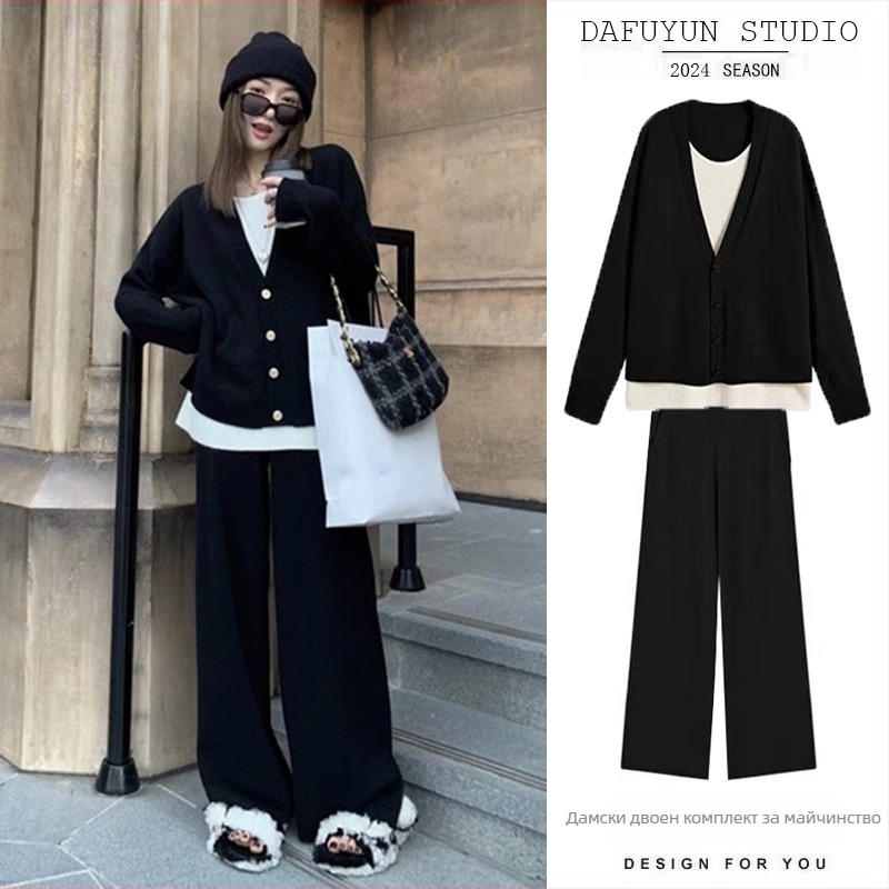 Костюм с дълги ръкави от акрил, съдържание на акрил 70–80%, еднотонен модел, японско-корейски стил за свободно ежедневие.