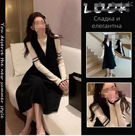 Рокля за бременни - Плетена, Кръгла яка, Средна дължина (Есен 2025)