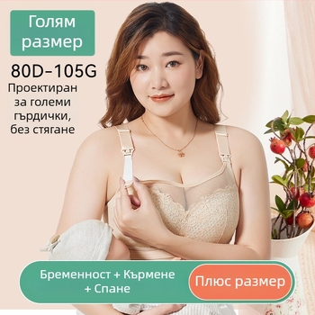 Сутиен за бременни и кърмене с тънки формовани чашки, нейлонова материя, подплата от памук, дантела, четири реда закопчалки на гърба, без метални елементи