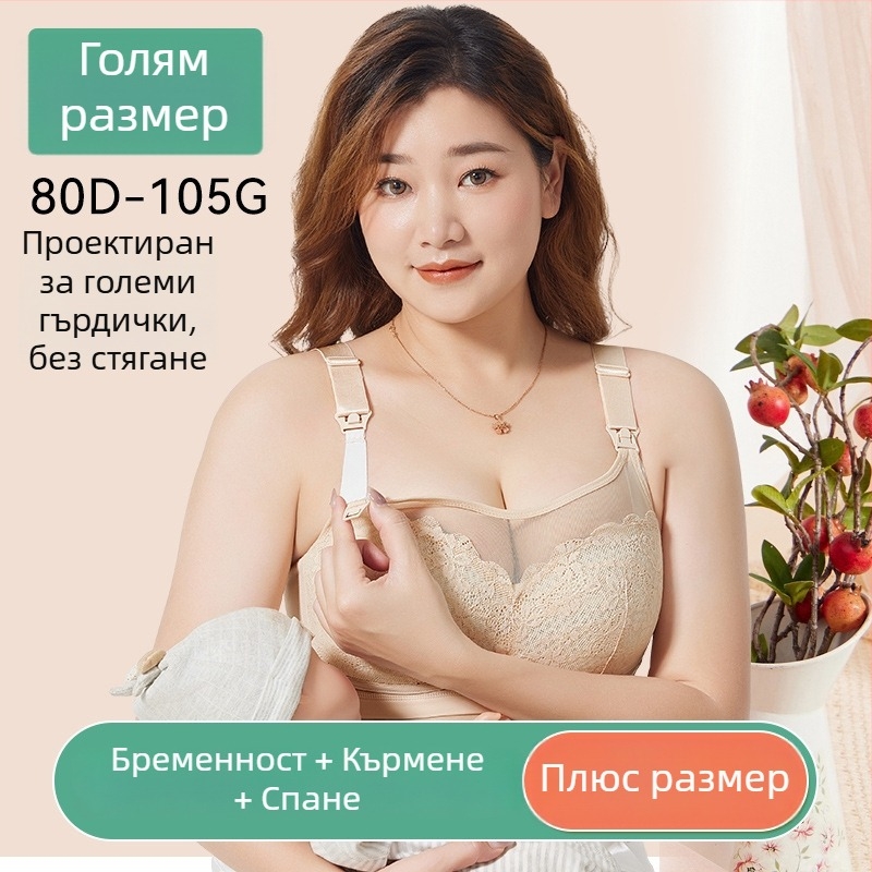 Сутиен за бременни и кърмене с тънки формовани чашки, нейлонова материя, подплата от памук, дантела, четири реда закопчалки на гърба, без метални елементи