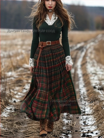 Дълга пола с пачуърк и каре мотиви, полиестер, есенно-зимна пасторално ретро стил