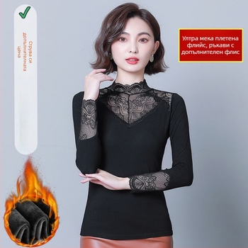 Дамски топ с дълъг ръкав, Slim-fit, смес вискоза-полиестер-еластан, полу-висока яка, есен 2024