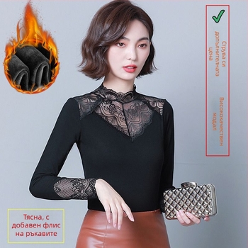 Дамски топ с дълъг ръкав, Slim-fit, смес вискоза-полиестер-еластан, полу-висока яка, есен 2024