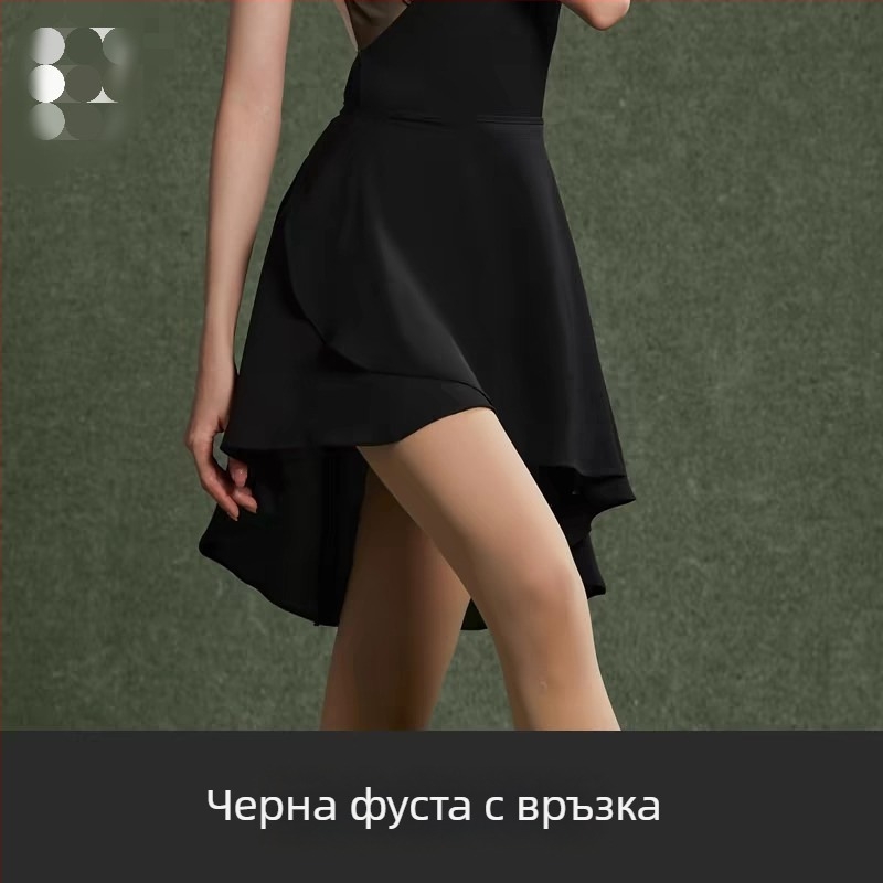 Балетна тренировъчна рокля с връзки, еднопластова, пола с набори от шифон, високоплътен шифон, 100% полиестер