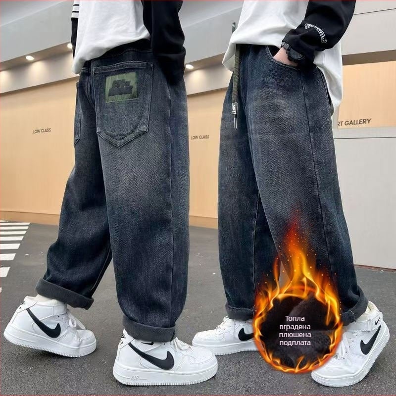 Момчешки дънки с подплата от флис, деним, 65% памук, дебели, средна талия с еластичен колан, размери 120–170 см