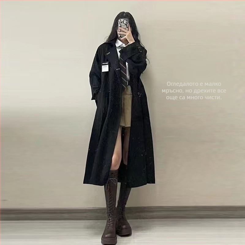 Дамски тренчкот, средна дължина, яка поло, двубортно закопчаване, Chenille плат с еластан