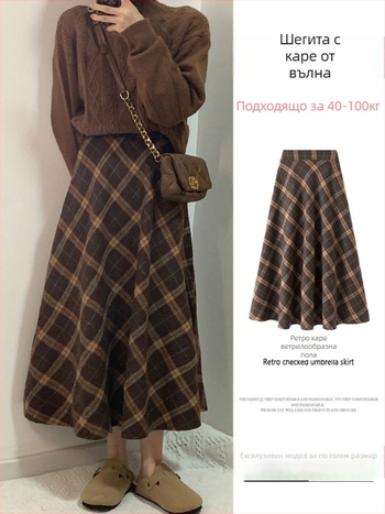 Вълнена пола с каре в А-образен силует, средна дължина, есен 2025