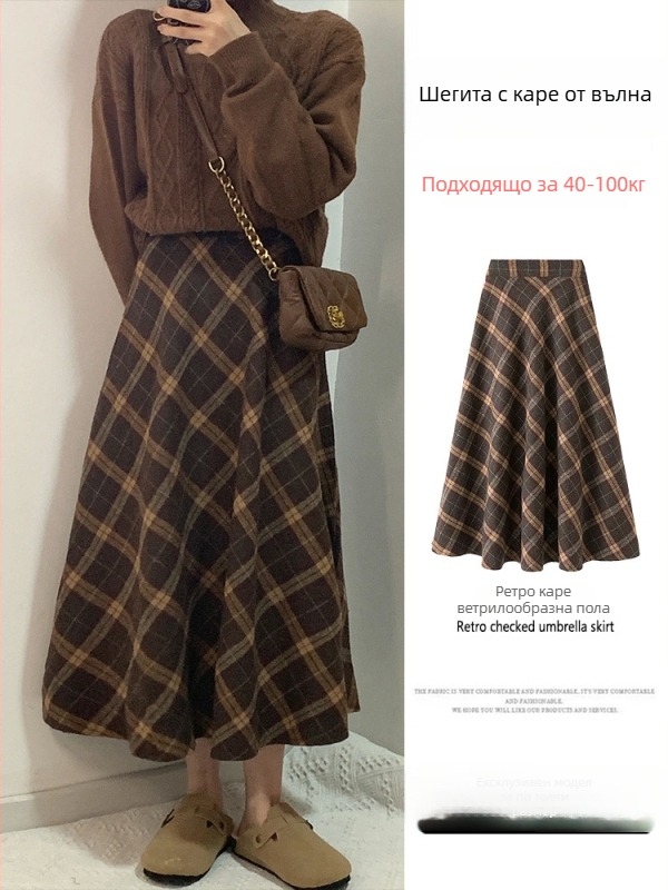 Вълнена пола с каре в А-образен силует, средна дължина, есен 2025