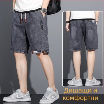 Дънкови мъжки шорти за лято, тънки, свободни, прави кройки, петточкова дължина (Материал: памучна смес; Тип: свободен; Дължина: пет точки; Сезон: лято; Деним: тънък)