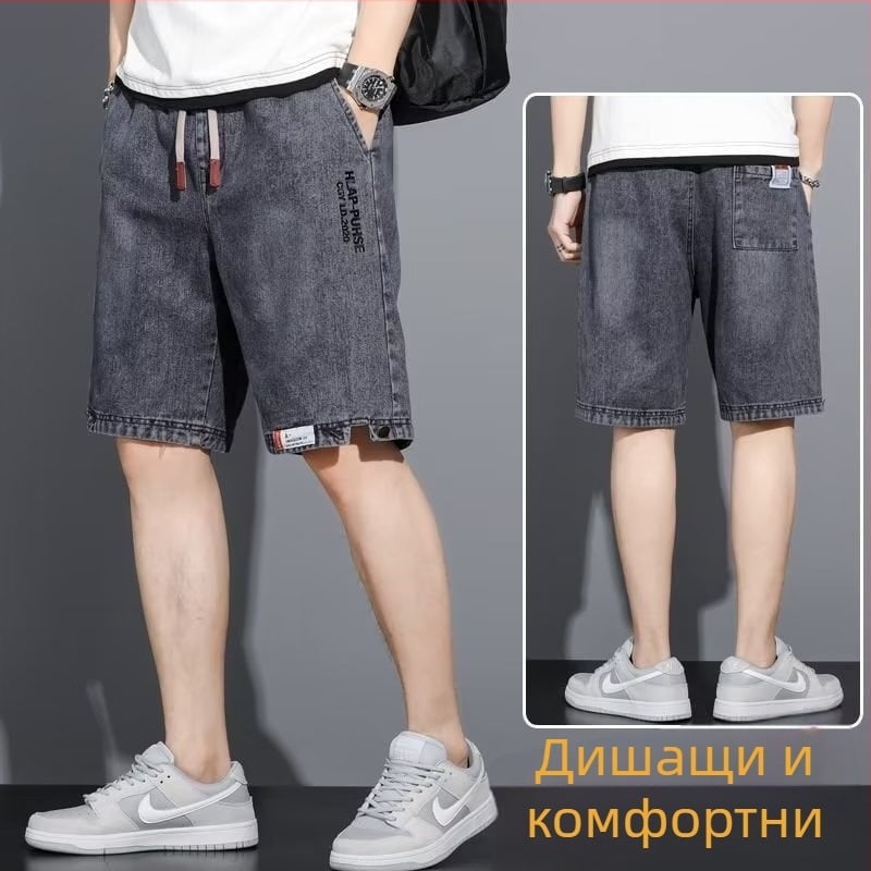 Дънкови мъжки шорти за лято, тънки, свободни, прави кройки, петточкова дължина (Материал: памучна смес; Тип: свободен; Дължина: пет точки; Сезон: лято; Деним: тънък)