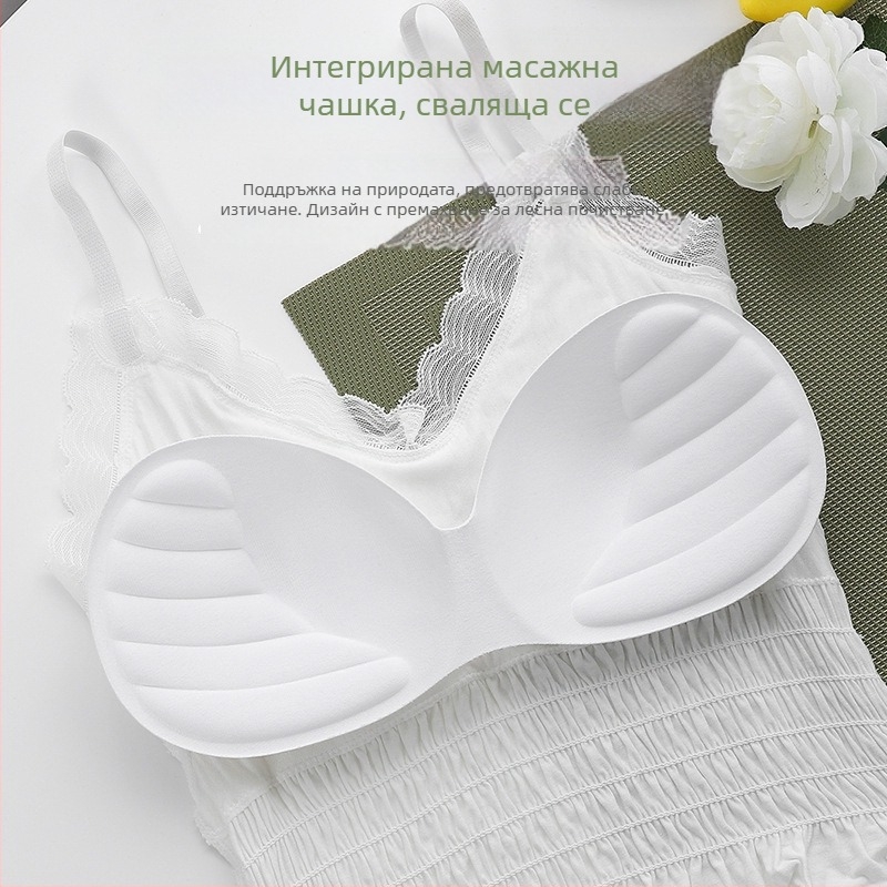 Френски стил дантелено набрано потниче без презрамки, къс модел, едно парче, безшевно, 92% найлон, за жени