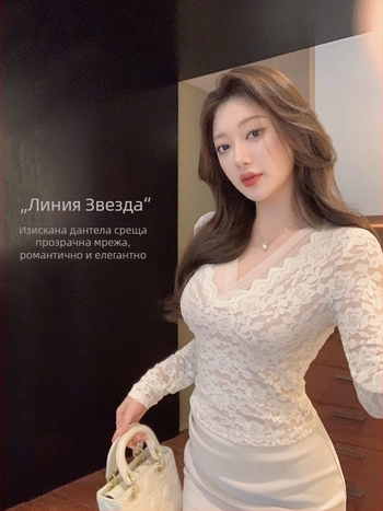 Дамска дантелена риза с V-образно деколте, дълги ръкави, куха мрежеста дантела, А-линеен силует, смес нейлон/акрил, есенно издание 2025