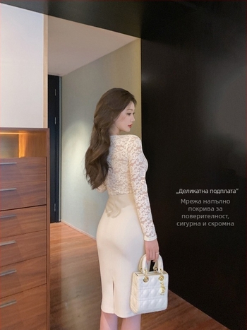 Дамска дантелена риза с V-образно деколте, дълги ръкави, куха мрежеста дантела, А-линеен силует, смес нейлон/акрил, есенно издание 2025