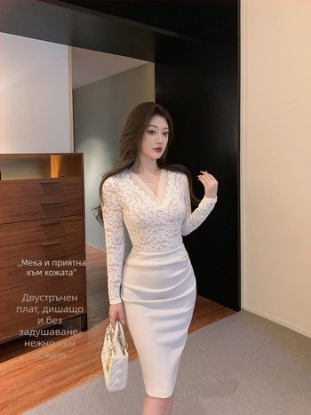 Дамска дантелена риза с V-образно деколте, дълги ръкави, куха мрежеста дантела, А-линеен силует, смес нейлон/акрил, есенно издание 2025