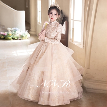 Детска рокля за момичета — висок клас луксозна принцеска рокля за пиано изпълнения, всички сезони (за възраст 3–8 г, основна материя: полиестер 50%, подплата: полиестер 50%, смес от синтетични влакна, стил: 125200612)