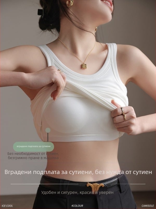 Дамски потник с подплънки за бюст – стандартна дължина, 90–95% вискоза, висока еластичност, презрамки Y‑образни/Halter, лято 2025