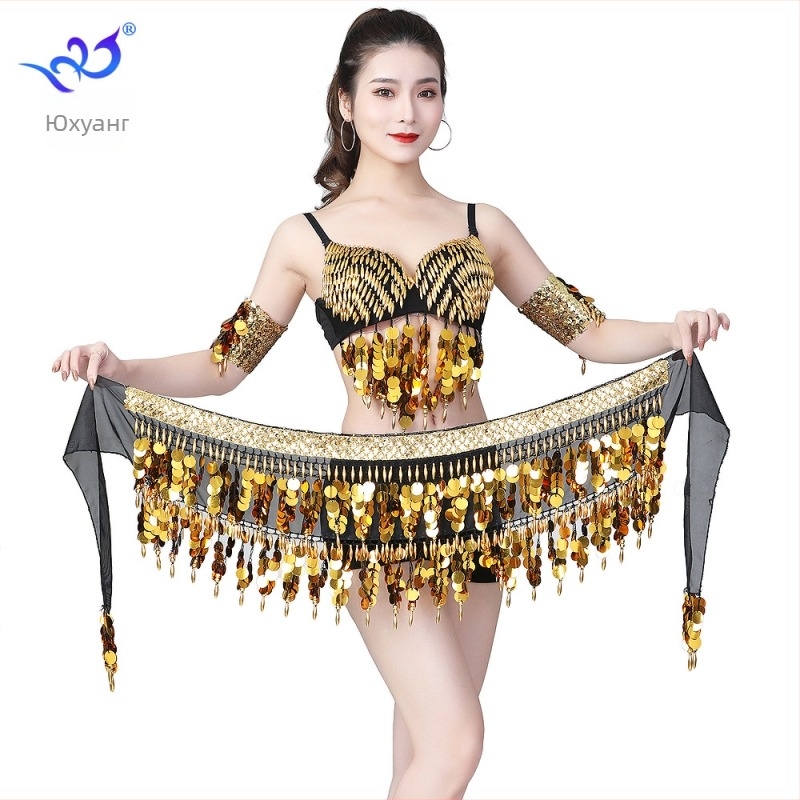 Костюм за Belly Dance с пайетен ханш и ресни на пояс, шифон, полиестер + спандекс (<30% спандекс), марка Yihuang, пролет 2023
