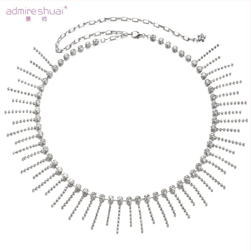 Поясна верига за танц с ресни и кристали, метална, закопчаване с кука, ширина >4 см