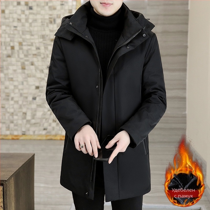 Мъжка средно дълга памучно-пълнена куртка с качулка; полиестерен външен слой; цип; пълнеж 70% памук; подплата памук