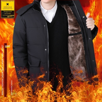 Мъжко зимно яке с памучна пълнеж и полиестерна подплата, средна дължина, цип за закопчаване, сваляща се качулка, множество джобове