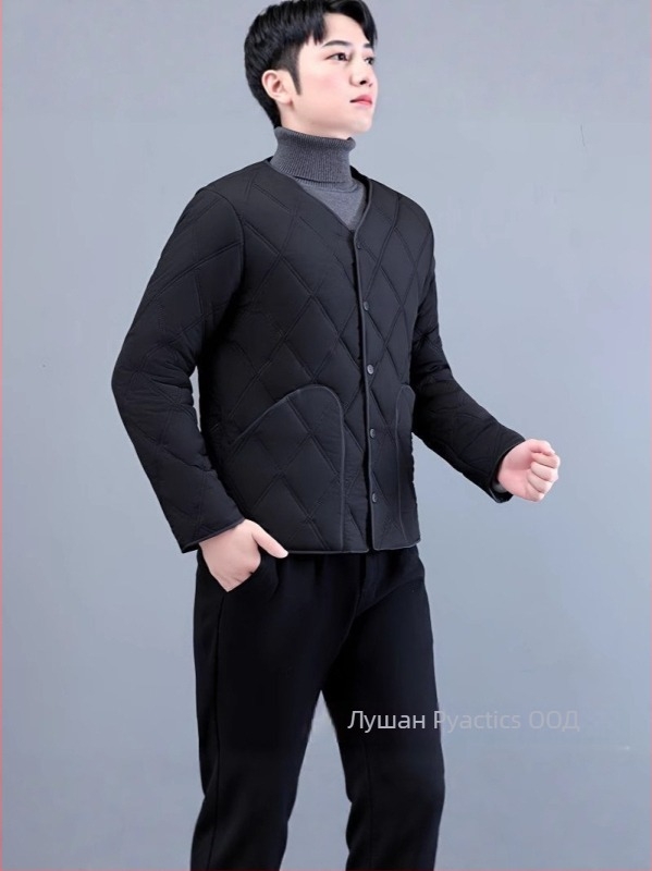 Мъжко памучно яке с поларена подплата за зимата, къс модел, тясна кройка, едноредно закопчаване, джобове с патч дизайн (3 джоба)