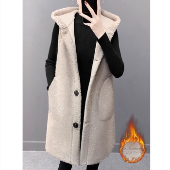 Жилет без ръкави с качулка от балонено кадифе — едноцветен, акрилно влакно, еднобутонно закопчаване, основен състав 95%+