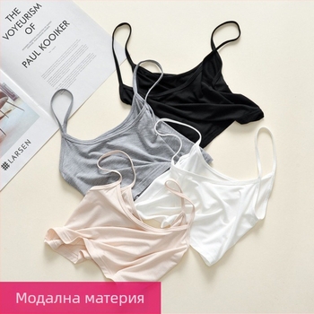 Modal къс дамски потник с презрамки - Sling стил, слим кройка, ултра къс дизайн, едноцветен модел, Modal плат със Spandex