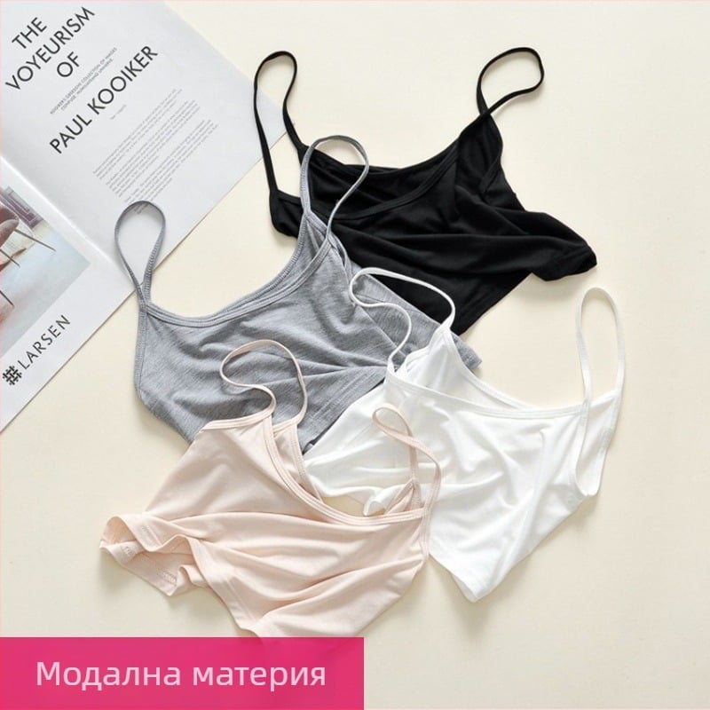 Modal къс дамски потник с презрамки - Sling стил, слим кройка, ултра къс дизайн, едноцветен модел, Modal плат със Spandex