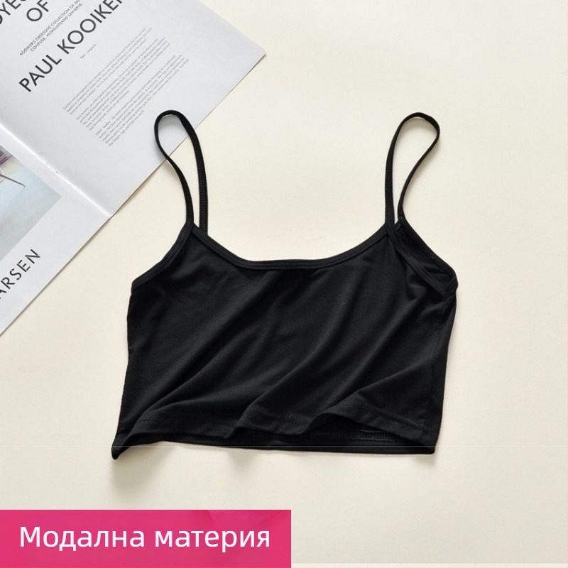 Modal къс дамски потник с презрамки - Sling стил, слим кройка, ултра къс дизайн, едноцветен модел, Modal плат със Spandex