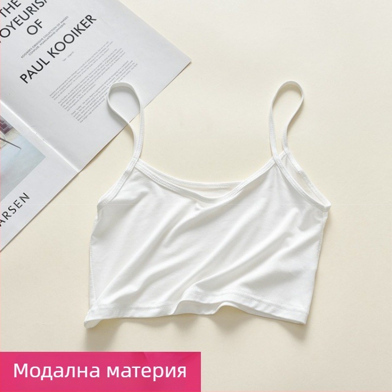 Modal къс дамски потник с презрамки - Sling стил, слим кройка, ултра къс дизайн, едноцветен модел, Modal плат със Spandex