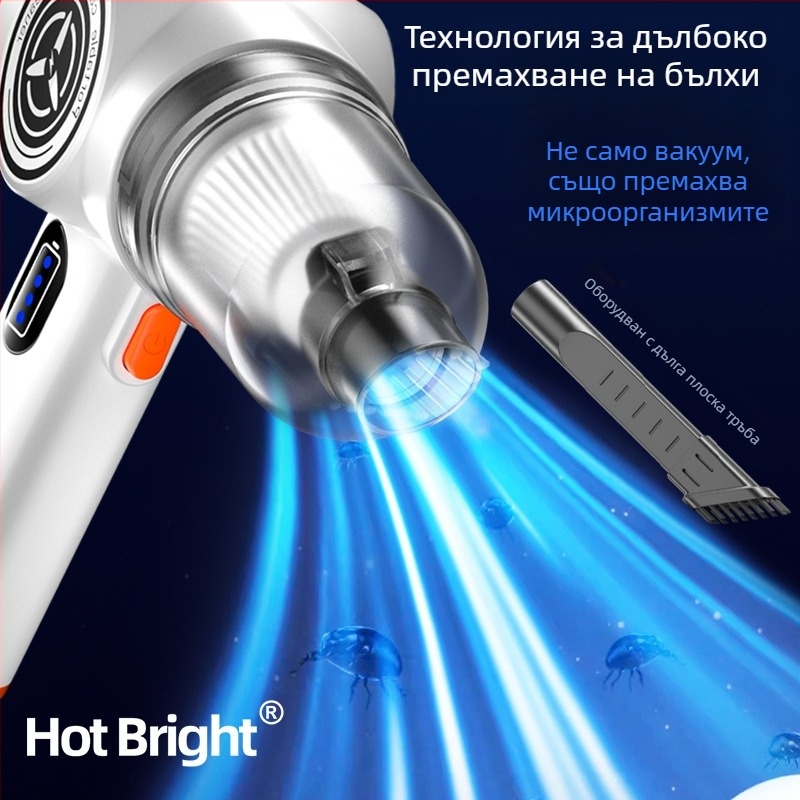 Безжичен ръчен вакуум за автомобил и дом — двойна функция всмукване и духане, с вградена батерия 3001–4000mAh, 5W, всмукване ≥25kPa, вакуум >5000Pa, USB захранване