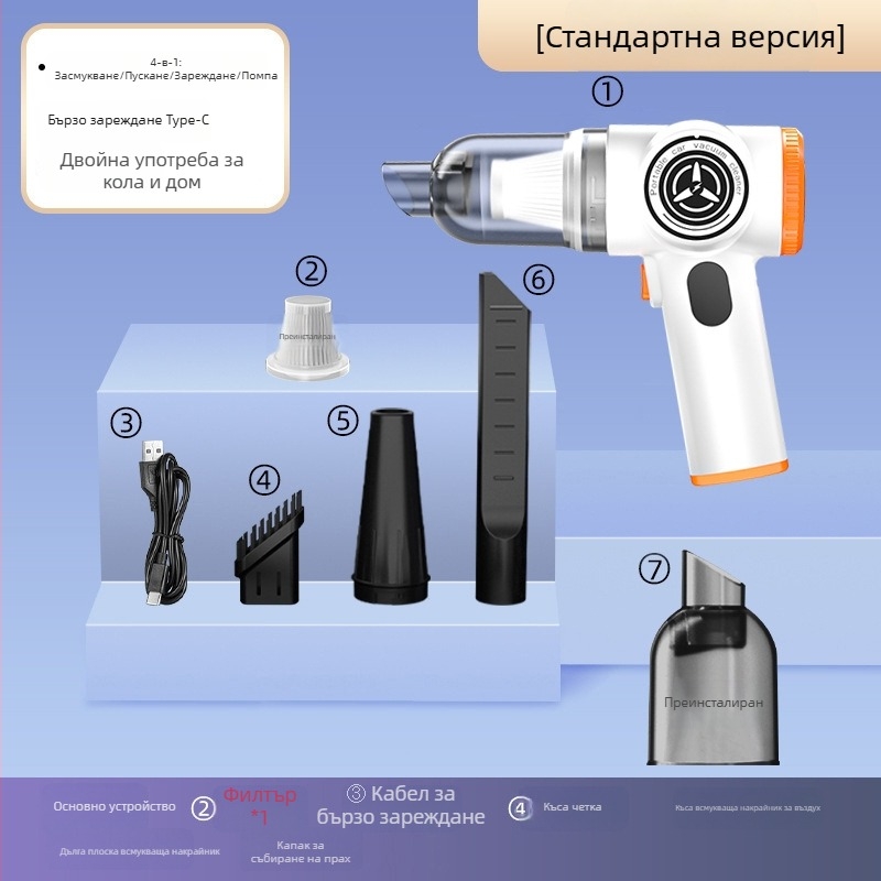 Безжичен ръчен вакуум за автомобил и дом — двойна функция всмукване и духане, с вградена батерия 3001–4000mAh, 5W, всмукване ≥25kPa, вакуум >5000Pa, USB захранване