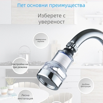 Кухненски кран с тристепенно налягане, въртене на 360°, защита от пръски, ABS, монтаж 22–24 мм