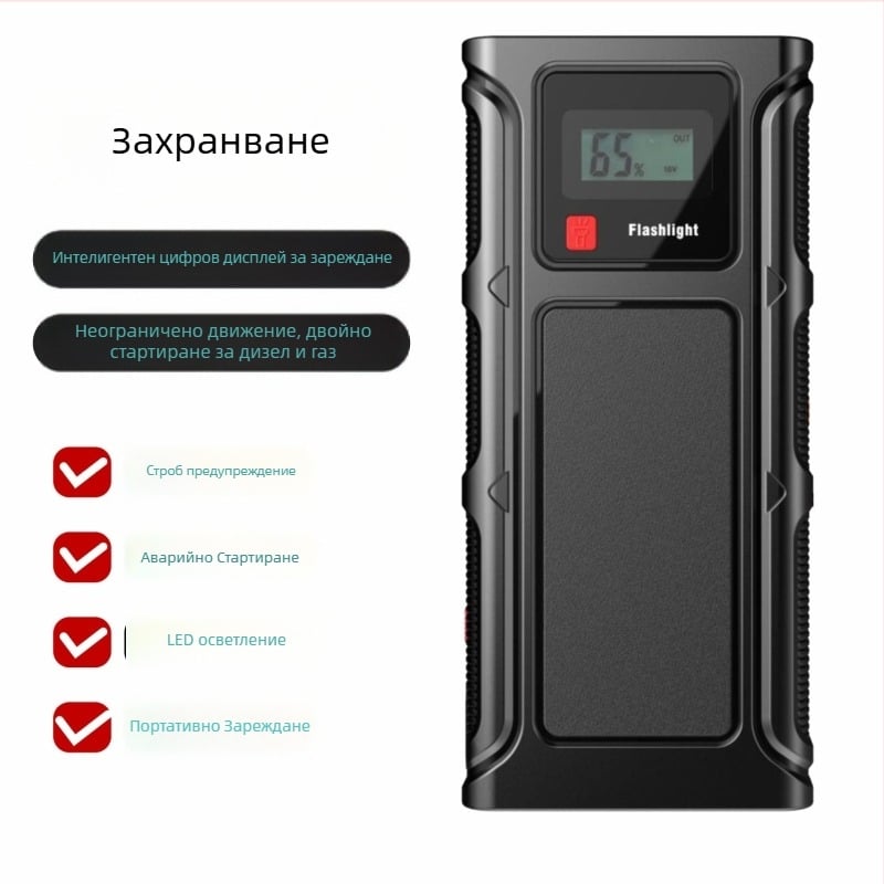 12V автомобилна резервна батерия с дисплей, стартер за аварийно запалване, въздушна помпа и USB Power Bank — вход 220V, USB изход 5V, CE сертифициран