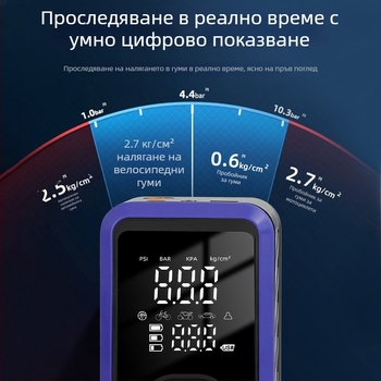 Автомобилен аварийно стартов комплект с вградена въздушна помпа (70 л/мин), цифров дисплей, манометър за налягането в гумите и USB зареждане