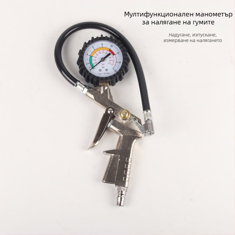 Дигитален манометър за гуми с инфлационна пушка, диапазон 0–220 PSI, точност 0,2 BAR, цифров дисплей, корпус от пластмаса-стомана