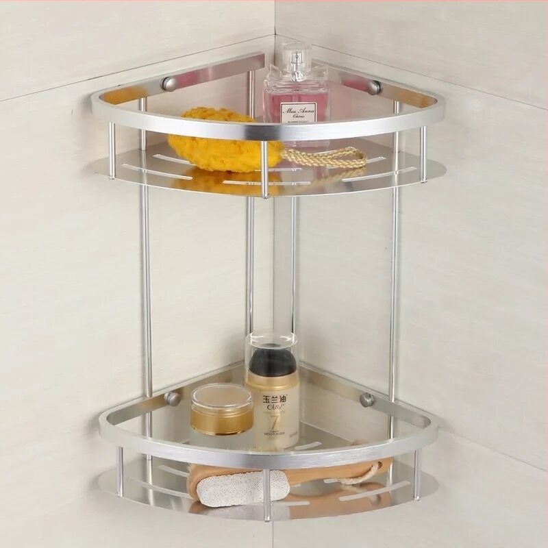 Алуминиев ъглов рафт за баня, двойно ниво, носимост 10 кг, модерен минимализъм