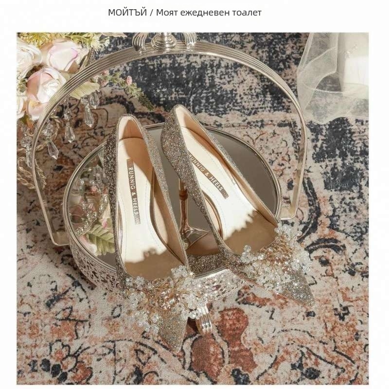 Сватбени високи токчета, остър нос, PU горна част, тънък ток, гумена подметка, височина на тока над 8 см