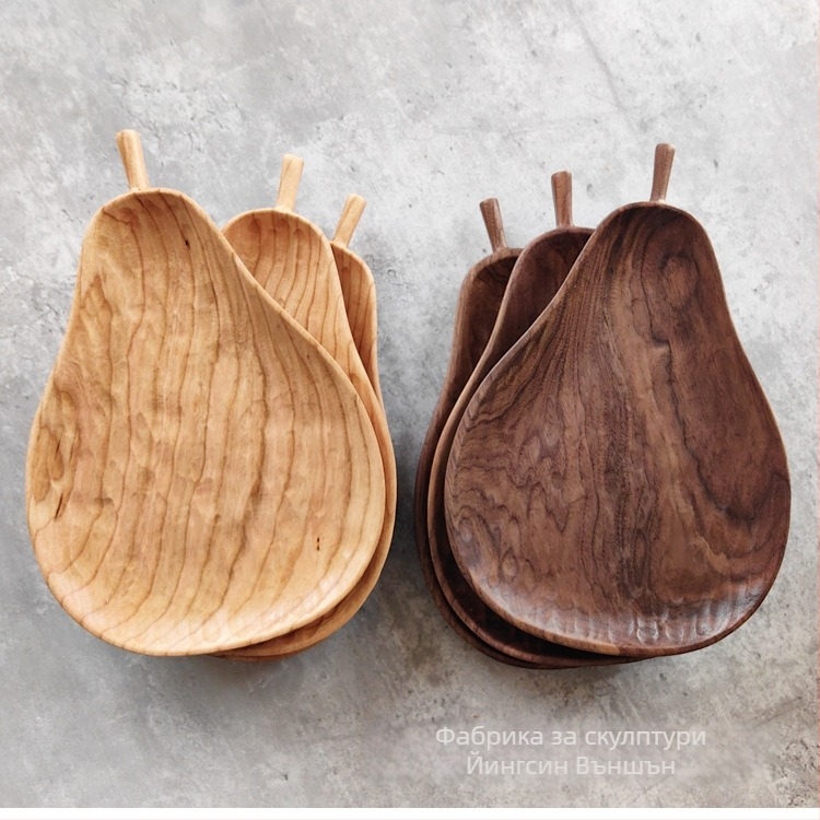Крушообразна дървена чиния, ръчна изработка, текстурирана повърхност, цял дървен материал (Материал: Северноамерикански орех; Форма: круша; Повърхност: текстурирана; Конструкция: цял дървен материал; Стил: модерен минимализъм)