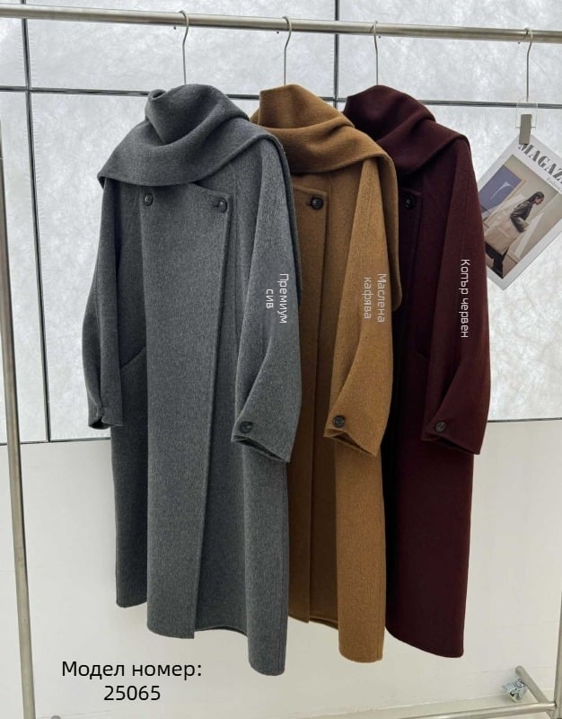 Женско дълго вълнено палто с кашмирова смес (50–70% вълна), свободен силует, яка с шал, едно копче, есен 2025, японско-корейски повседневен стил