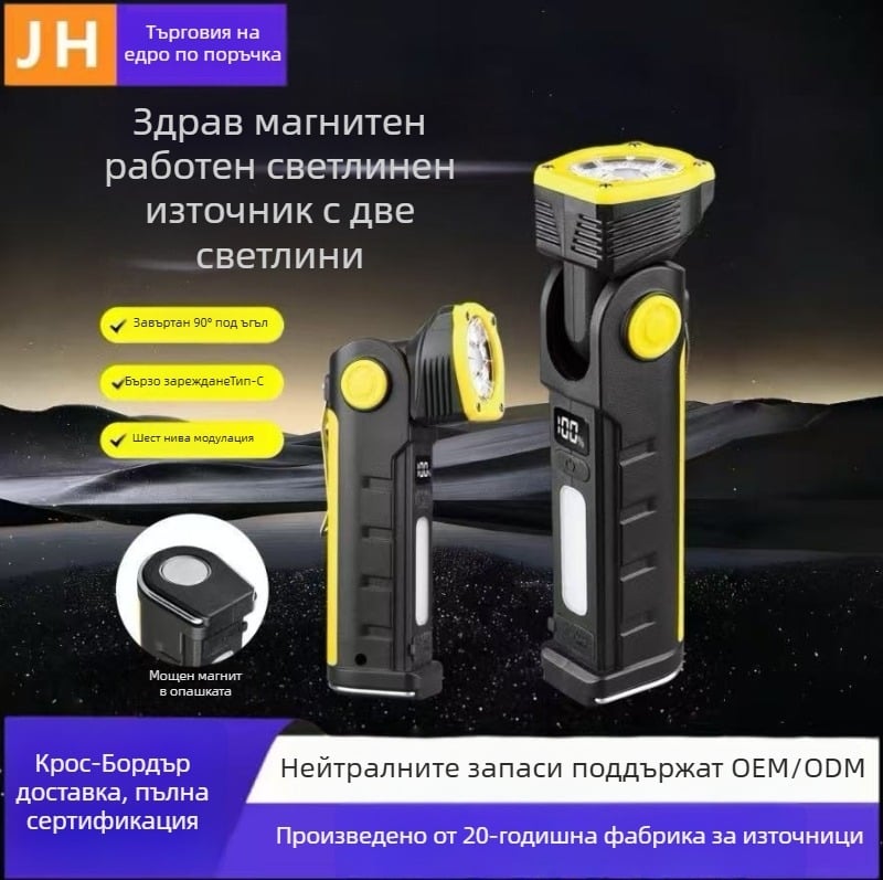 Сгъваема презареждаща работна лампа с магнит и палаткова светлина, COB LED 500 lm, батерия 18650, IP45