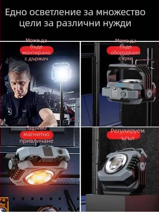 LED къмпинг светлина с магнитна основа, преносима и презареждаема, 20W, 3.7V, безстепенно димерване