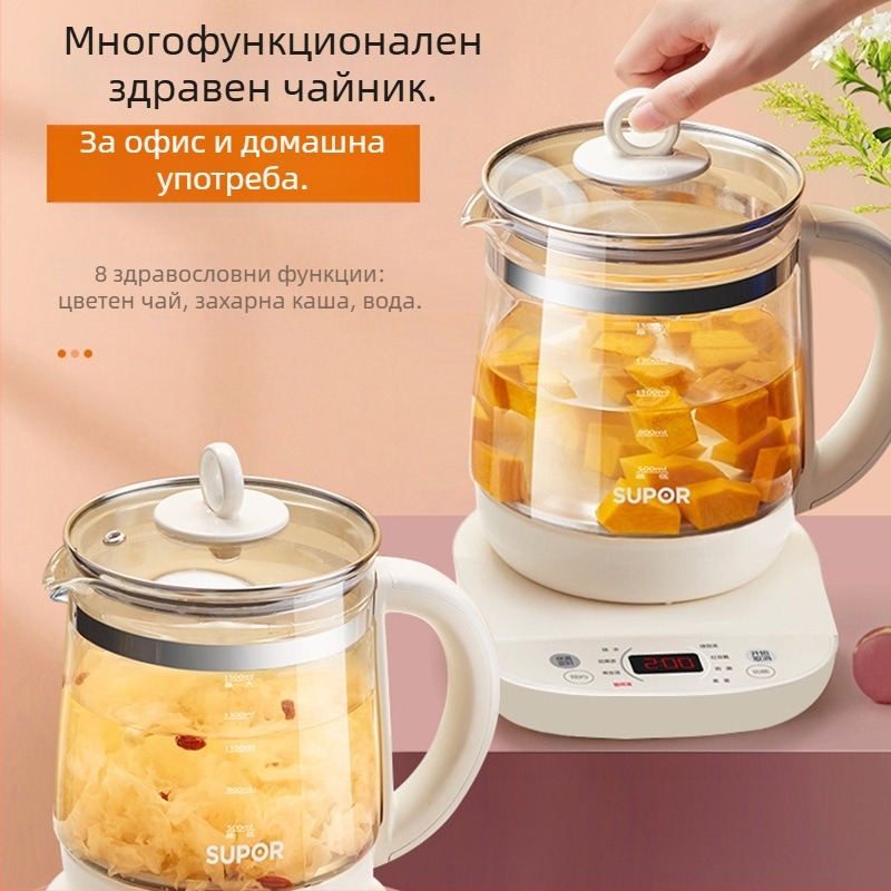 Supor здравословен чайник за домашна употреба, стъклен вътрешен резервоар, модел SW-15YJ33, 1–1.5 л, 220V, 500–1000W