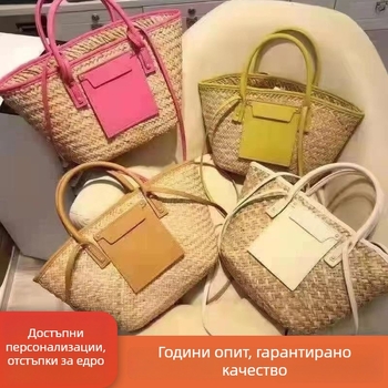 Плажна чанта от слама, ръчно плетена, със цип, вертикална квадратна форма, вътрешен джоб с цип