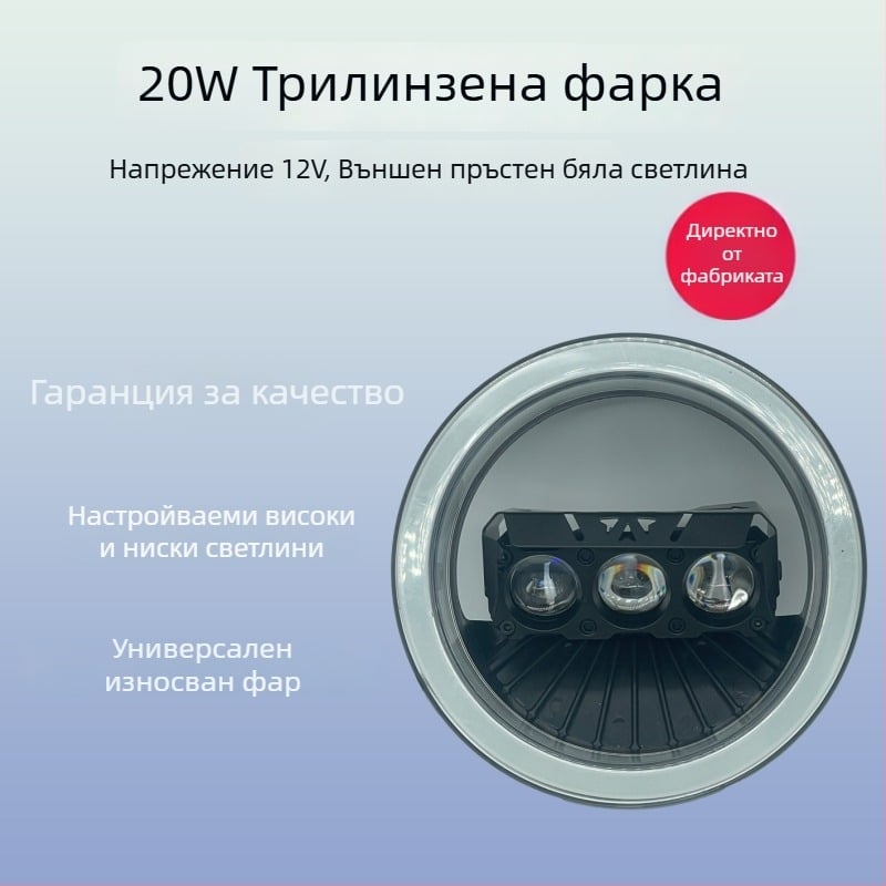 Мотоциклетен фар с три линзи — Алуминиев корпус, 20W, 9–30V, 6000 lm, IP67