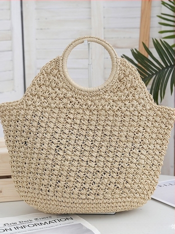 Дамска цилиндрична чанта от слама, открит връх, без подплата; плетена за ежедневна употреба; вътрешни джобове за мобилен телефон и карта за идентификация; двойни презрамки; стил: градска простота; материал: слама; сезон: пролет 2024