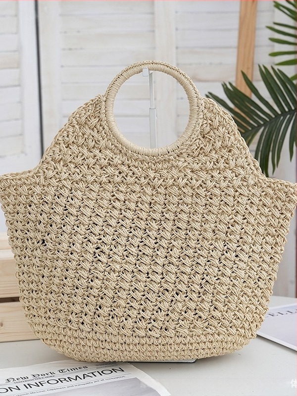Дамска цилиндрична чанта от слама, открит връх, без подплата; плетена за ежедневна употреба; вътрешни джобове за мобилен телефон и карта за идентификация; двойни презрамки; стил: градска простота; материал: слама; сезон: пролет 2024