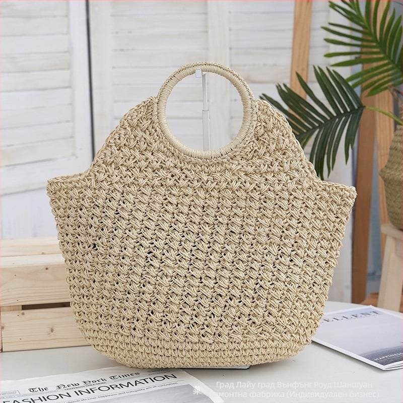 Дамска цилиндрична чанта от слама, открит връх, без подплата; плетена за ежедневна употреба; вътрешни джобове за мобилен телефон и карта за идентификация; двойни презрамки; стил: градска простота; материал: слама; сезон: пролет 2024