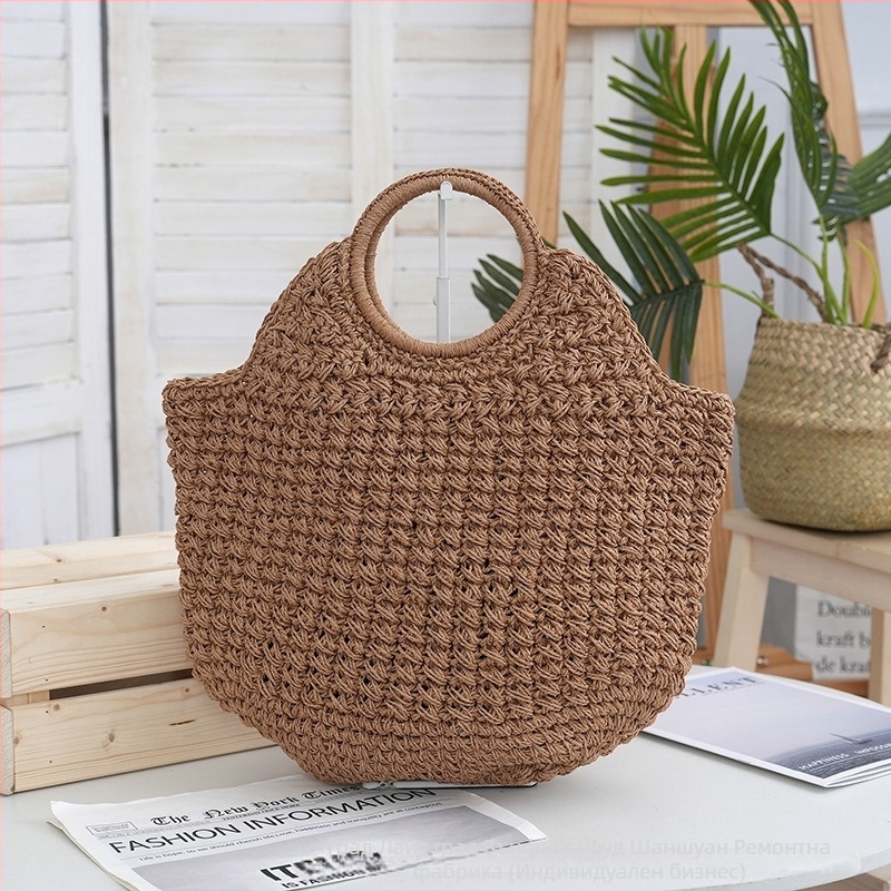 Дамска цилиндрична чанта от слама, открит връх, без подплата; плетена за ежедневна употреба; вътрешни джобове за мобилен телефон и карта за идентификация; двойни презрамки; стил: градска простота; материал: слама; сезон: пролет 2024