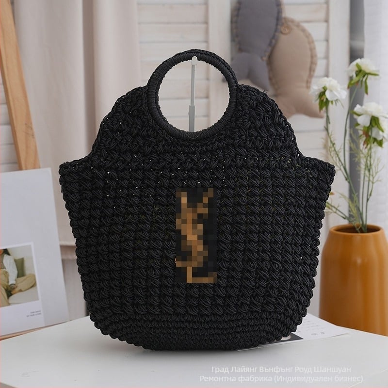 Дамска цилиндрична чанта от слама, открит връх, без подплата; плетена за ежедневна употреба; вътрешни джобове за мобилен телефон и карта за идентификация; двойни презрамки; стил: градска простота; материал: слама; сезон: пролет 2024